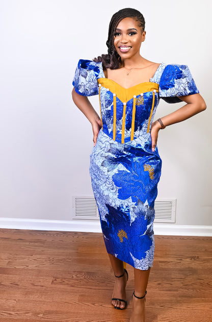 Blue Corset Brocade Dress